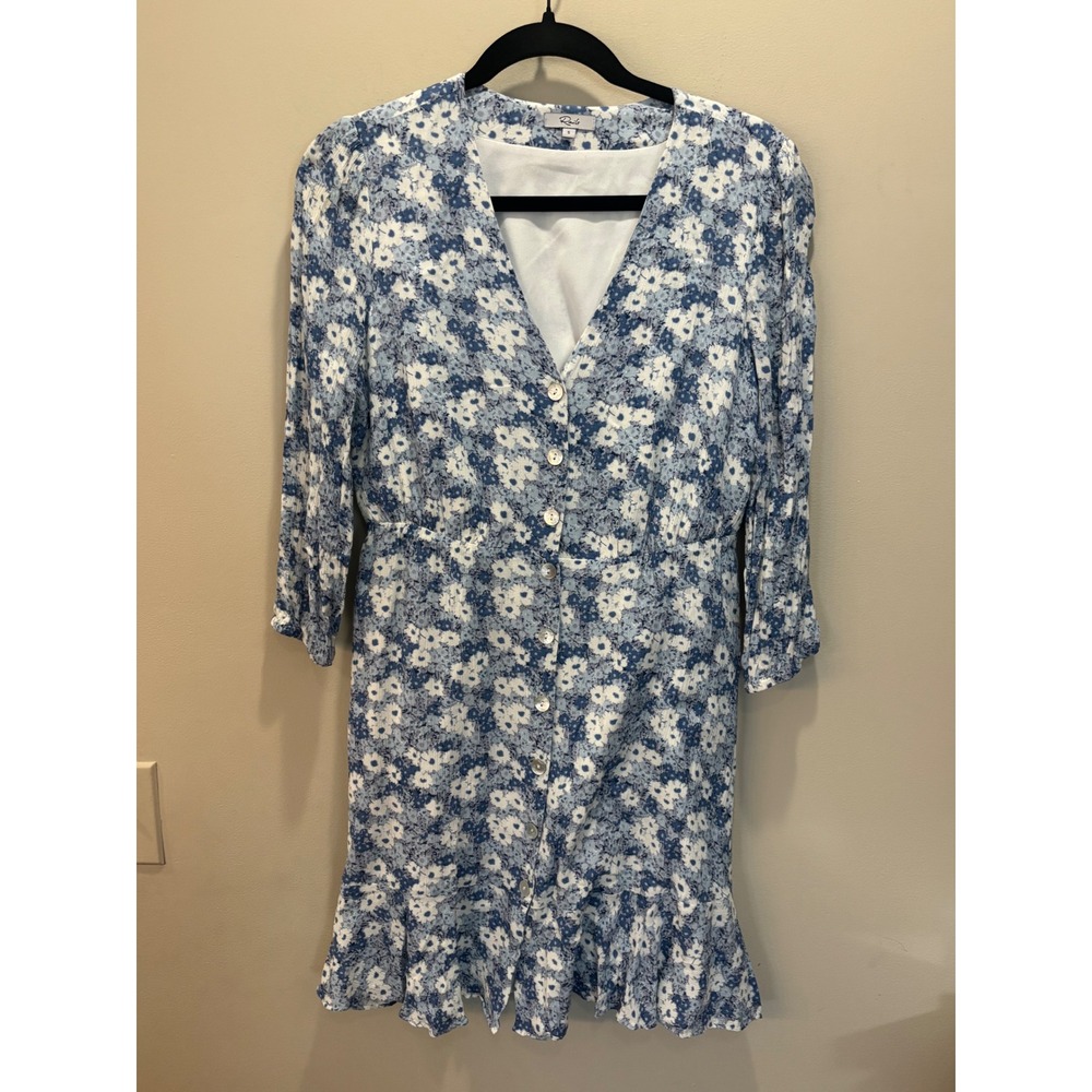 Rails Elsie Blue Jasmine Floral Mini‎ Dress V-Neck Button Front 3/4 Sleeve Small